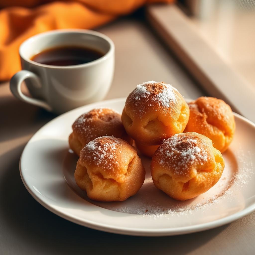 Bolinhos de chuva dourados com açúcar e canela ao lado de um café